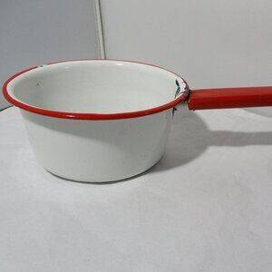Vintage White & Red Enamelware Enamel Ware Saucepan Cooking  Pan Pot